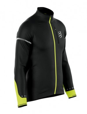 μπουφάν για τρέξιμο ανδρικα Compressport Hurricane Windproof Jacket Flash M μαυρα κίτρινα | FWIEY-9643