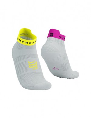 καλτσες για τρεξιμο ανδρικα Compressport Pro αγωνιστικα Socks v4.0 Run Low ασπρα κίτρινα ροζ | ETHUR-0984