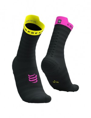 καλτσες για τρεξιμο ανδρικα Compressport Pro αγωνιστικα Socks v4.0 Ultralight Run High μαυρα κίτρινα ροζ | EFHWR-4682