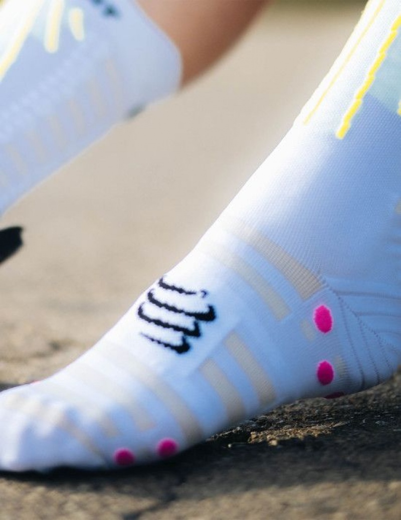 Cycling Socks ανδρικα Compressport Aero Socks ασπρα κίτρινα ροζ | YRTJX-0382