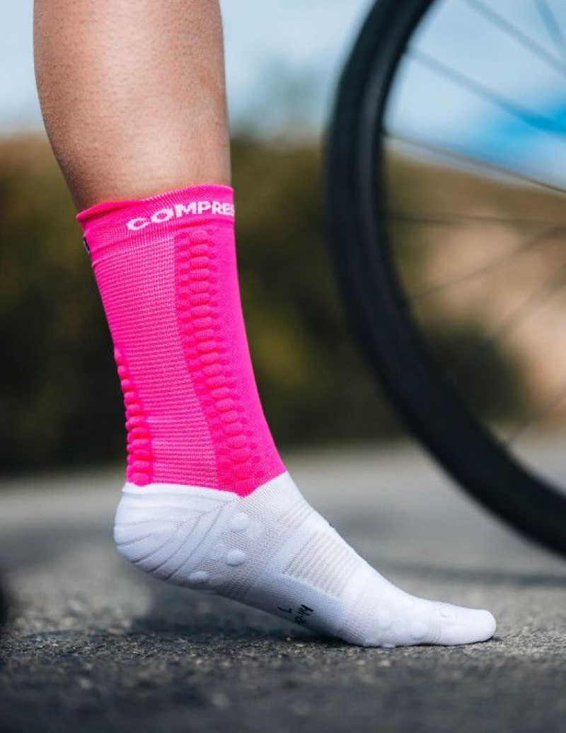 Cycling Socks ανδρικα Compressport Pro αγωνιστικα Socks v4.0 Bike ασπρα ροζ | CISTV-2345