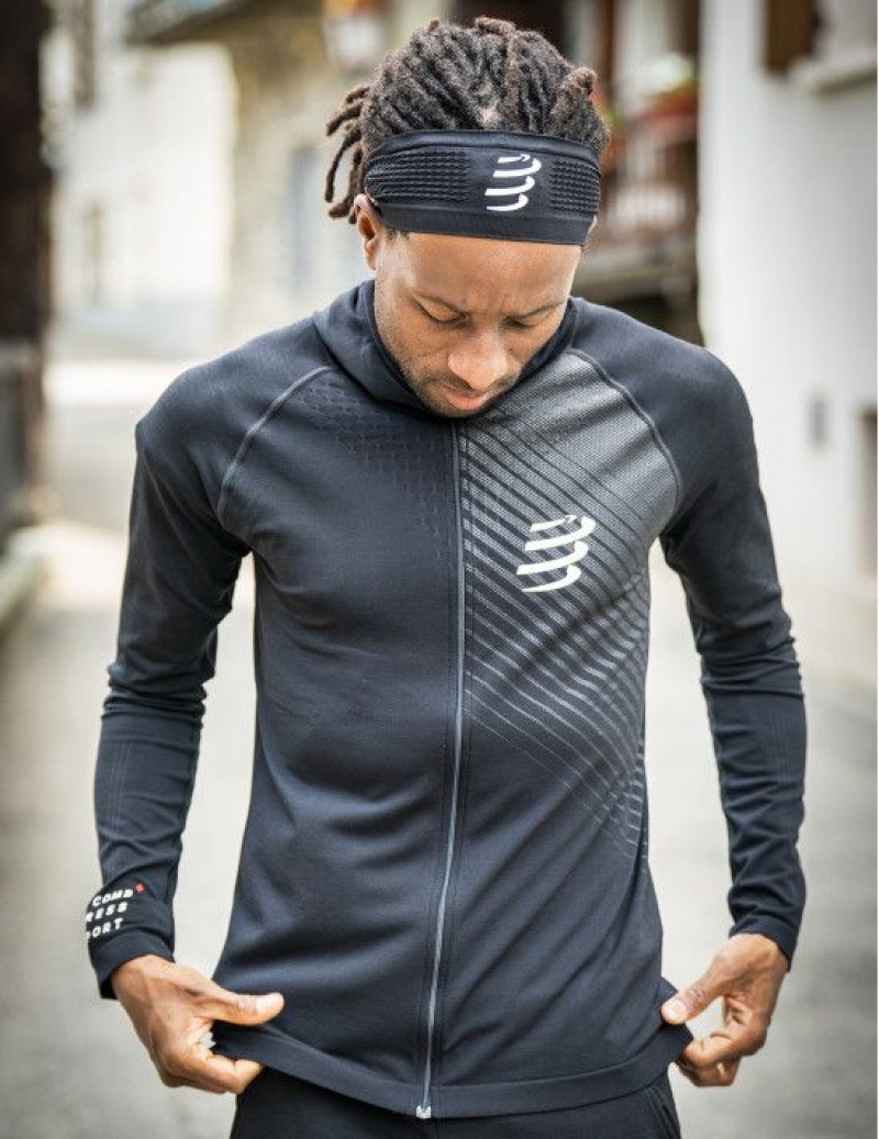 Φουτερ με Κουκουλα ανδρικα Compressport 3D Thermo Seamless Hoodie Zip μαυρα | JAQHK-6480