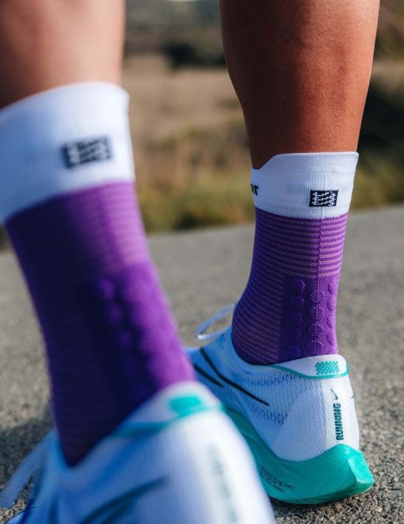 καλτσες για τρεξιμο ανδρικα Compressport Pro αγωνιστικα Socks v4.0 Run High μωβ ασπρα | BVTSP-6325