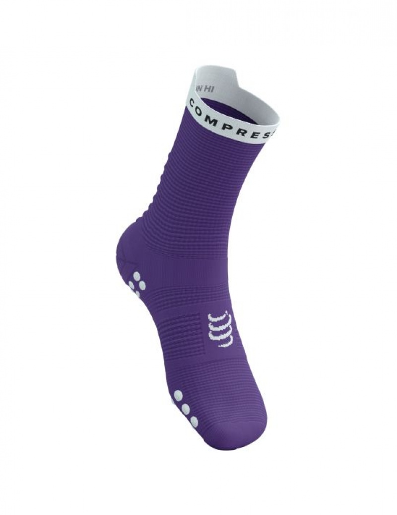 καλτσες για τρεξιμο ανδρικα Compressport Pro αγωνιστικα Socks v4.0 Run High μωβ ασπρα | THQYF-9470