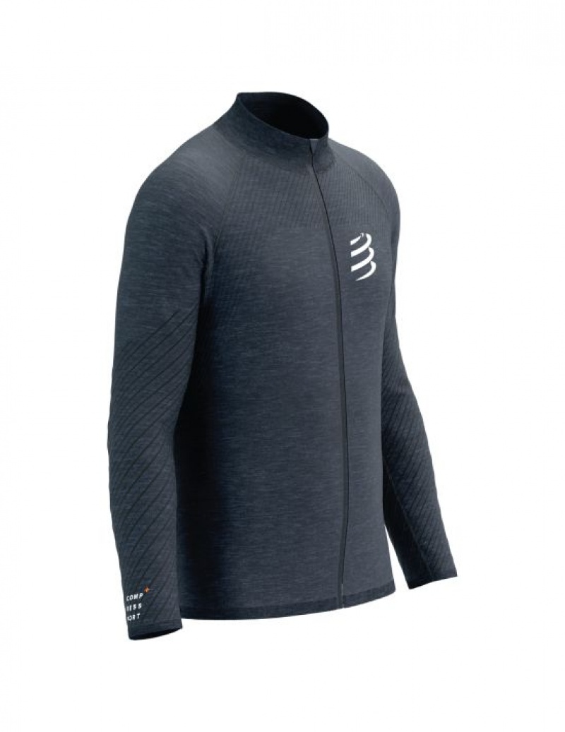 Φουτερ με Κουκουλα ανδρικα Compressport Seamless Zip Sweatshirt μπλε σκουρο | XCMHR-7968